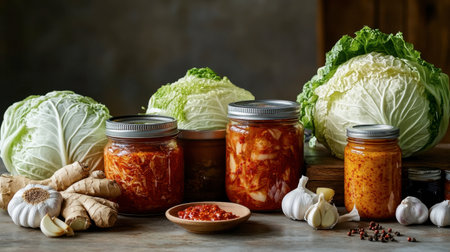 A rustic kitchen scene featuring jars of fermented vegetables alongside fresh cabbage, garlic, and ginger, showcasing the art of preservation and healthy eating.の素材