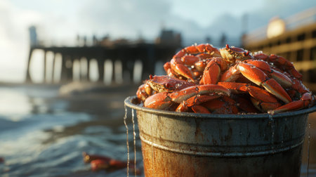 A vivid image of fresh crabs in a metal bucket by the ocean pier, showcasing the vibrant colors of seafood ready for capturing the essence of coastal life.の素材