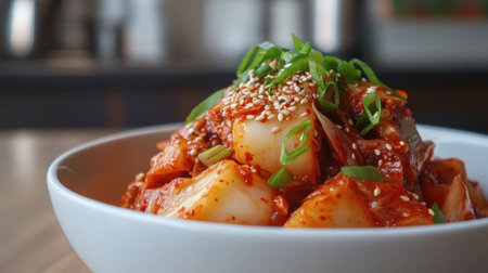 A vibrant dish of fresh kimchi topped with green onions and sesame seeds. Perfect representation of Korean cuisine, this spicy and healthy side dish offers a burst of flavors and textures.の素材