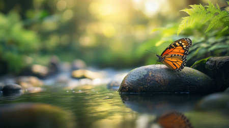 A colorful butterfly rests gracefully on a smooth rock beside a gentle stream. The serene natural setting highlights the beauty of wildlife and tranquility in nature.の素材