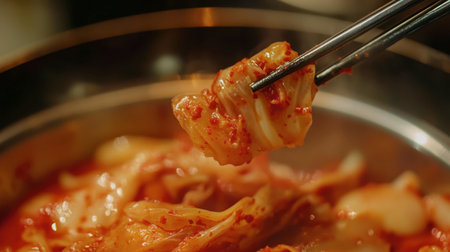 A vibrant close-up of spicy kimchi being lifted with chopsticks, showcasing its rich red color and textured layers. Perfect for culinary themes.の素材