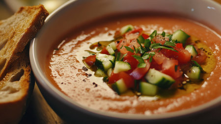 A vibrant bowl of fresh tomato soup topped with diced vegetables and herbs, served with a slice of toasted bread. Perfect for a wholesome meal.の素材