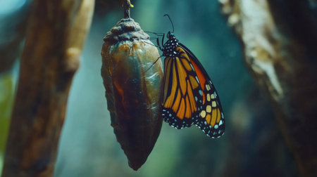 A stunning close-up of a monarch butterfly emerging from its chrysalis, showcasing the beauty of nature and the miracle of metamorphosis in the wild.の素材