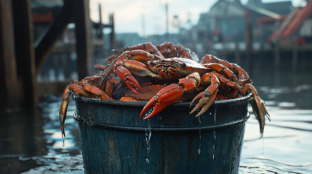 A stunning close-up of a crab sitting in a weathered bucket by the water's edge, showcasing vibrant colors and reflections in a serene coastal environment.の素材
