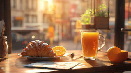 A cozy breakfast scene featuring a croissant, fresh orange slices, and a glass of juice, bathed in warm sunlight, perfect for a relaxing morning.の素材