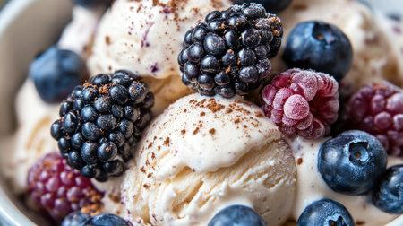 This inviting bowl of ice cream features rich vanilla scoops topped with fresh berries, making it a perfect summer treat for any dessert lover.の素材