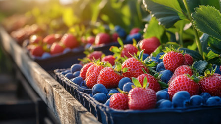 Colorful baskets of ripe strawberries and blueberries are beautifully arranged in a sunlit farm setting, showcasing fresh produce and vibrant nature.の素材
