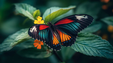 A stunning butterfly perched gracefully on vibrant green leaves, showcasing a striking array of colors. This close-up captures the beauty of nature in a serene setting.の素材