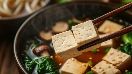 Savory tofu cubes are expertly held by chopsticks above a steaming bowl of Asian vegetable soup, showcasing fresh ingredients and a comforting atmosphere.の素材
