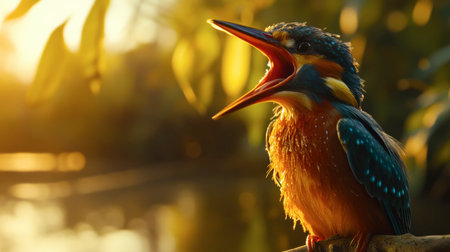 A vibrant bird singing joyfully at sunset, perched on a branch by serene waters, showcasing stunning colors and captivating wildlife beauty in nature.の素材