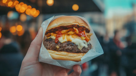 A mouthwatering hamburger topped with cheese and fresh vegetables, held in a hand, perfect for food lovers and outdoor dining experiences.の素材