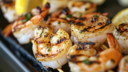 Enjoy a mouthwatering view of grilled shrimp skewers garnished with lemon. Perfect for summer barbecues, this dish offers fresh flavors and appealing presentation.の素材