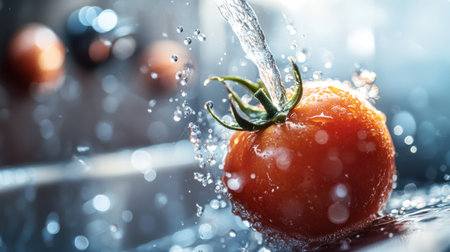 A vibrant red tomato splashes under a stream of clear water, emphasizing freshness and natural beauty. Perfect for food-related themes and healthy lifestyle concepts.の素材