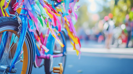A vibrant close-up of a decorated bicycle adorned with colorful ribbons, perfect for capturing the essence of joy and creativity in outdoor settings.の素材