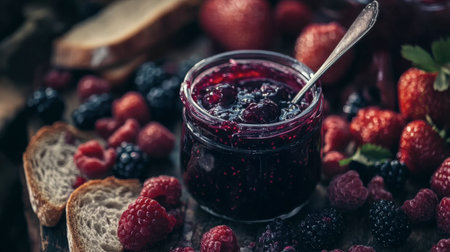 A vibrant display of berry jam in a glass jar, surrounded by fresh berries and slices of toast. Perfect for breakfast or a sweet treat.の素材