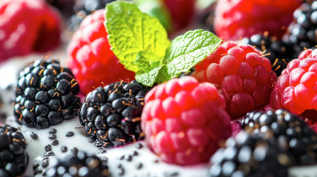 A vibrant close-up of fresh raspberries and blackberries garnished with mint leaves, showcasing their juicy textures and natural beauty, perfect for food photography.の素材