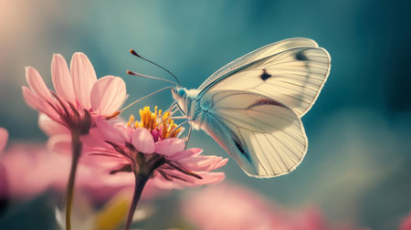 A delicate butterfly rests on a pink flower, showcasing its intricate wings in soft light. This serene scene captures the beauty of nature and summertime tranquility.の素材
