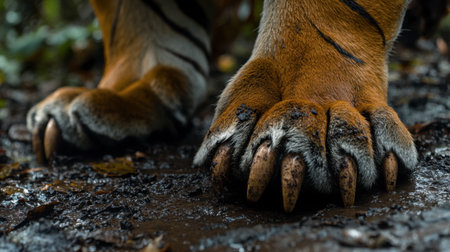 Captivating close-up of a tiger's paw showcasing its powerful claws and unique fur texture in a lush forest environment, emphasizing wildlife beauty.の素材
