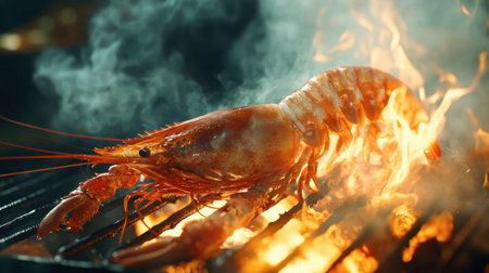 Vibrant grilled shrimp sizzles over an open flame, creating an irresistible smoky aroma. Ideal for food lovers and culinary enthusiasts.の素材