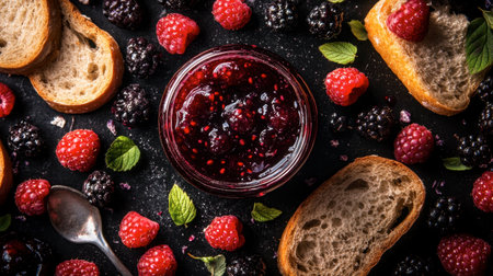 A vibrant image of fresh berry jam spread on toasted bread, surrounded by raspberries and blackberries, garnished with mint for a delicious snack or breakfast option.の素材