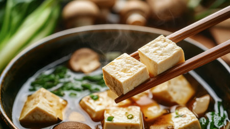 A close-up of fresh tofu cubes held by chopsticks above a steaming bowl of savory broth with mushrooms and green onions, showcasing a delicious meal.の素材