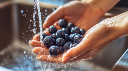 Hands gently wash fresh blueberries under running water, showcasing their vibrant color and texture. A perfect image for healthy eating and culinary use.の素材
