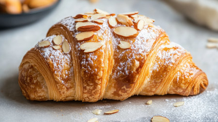 A beautifully baked almond croissant dusted with powdered sugar, showcasing its flaky texture. Ideal for capturing breakfast or dessert moments.の素材