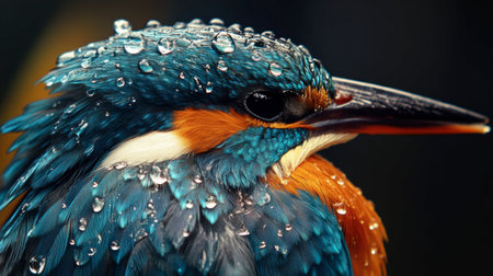 This stunning close-up of a colorful bird showcases its vibrant feathers adorned with rain droplets, highlighting the beauty of nature in a serene moment.の素材