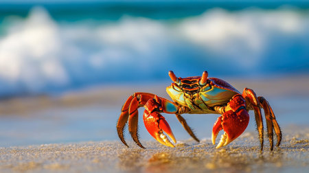A vibrant crab stands on a sandy beach, showcasing its vivid colors against the backdrop of gentle ocean waves. Perfect for nature and wildlife themes.の素材