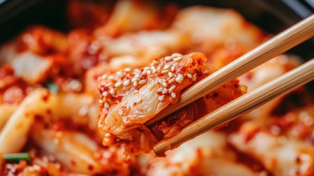 A closeup view of delicious Korean kimchi held by chopsticks, showcasing vibrant colors and textures, perfect for food lovers and culinary enthusiasts.の素材