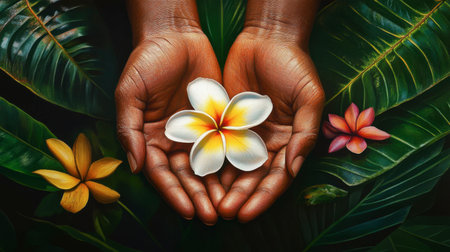 A captivating image of hands gently holding a vibrant flower, surrounded by lush tropical leaves. This serene composition embodies nature's beauty and tranquility.の素材