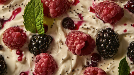 A close-up view of fresh raspberries and blackberries scattered on a creamy dessert, showcasing vibrant colors and textures, perfect for food photography.の素材