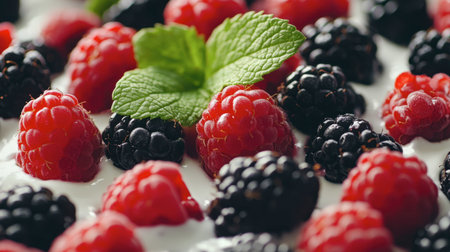 A close-up view of fresh raspberries and blackberries on a creamy surface, garnished with a mint leaf. Perfect for summer dessert ideas, healthy snacks, and vibrant food presentations.の素材