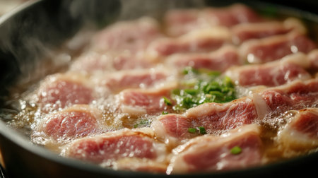 Sizzling meat cooking in a hot pot, surrounded by aromatic herbs and steam. A perfect representation of culinary delight and fresh ingredients.の素材