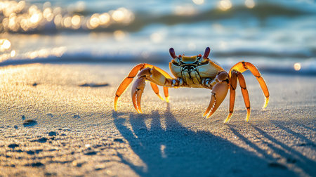 A vibrant crab stands on a sandy beach at sunset, showcasing its colorful shell against the tranquil ocean waves, highlighting the beauty of nature.の素材