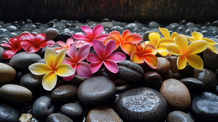 A serene arrangement of colorful flowers gracefully placed on smooth pebbles, creating a tranquil scene perfect for relaxation and meditation.の素材