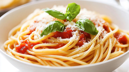A delicious plate of classic spaghetti topped with rich tomato sauce, fresh basil leaves, and grated cheese. Perfect for Italian cuisine lovers.の素材