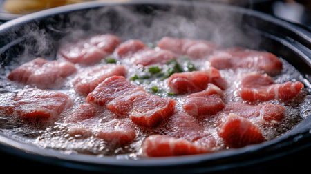 Close-up of fresh beef slices cooking in a bubbling hot pot. The steam and vibrant colors create an inviting atmosphere, perfect for food lovers.の素材