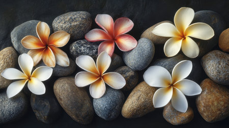 A beautiful arrangement of plumeria flowers resting on smooth stones, showcasing vibrant colors and natural beauty, perfect for decoration or nature-themed projects.の素材
