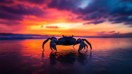 A stunning sunset casting vibrant colors over the beach with a solitary crab in the foreground. Captivating nature scene highlighting wildlife and serenity.の素材