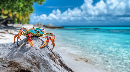 A colorful crab resting on a log, overlooking a stunning tropical beach with crystal-clear waters and lush greenery, showcasing natureの素材