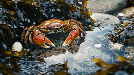 A vibrant crab perched on wet rocks surrounded by seaweed. This detailed shot captures the essence of coastal wildlife, perfect for nature lovers.の素材