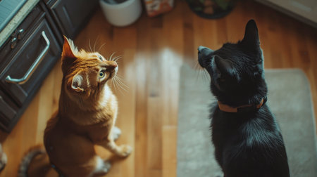 Two curious cats, one orange and one black, sit on a wooden floor in a cozy home environment, gazing upwards with intrigue and companionship.の素材