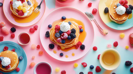 A vibrant display of fluffy pancakes topped with fresh berries and creamy whipped topping, served on colorful plates, perfect for breakfast or brunch.の素材