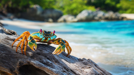 A striking, colorful crab sits on driftwood with a serene beach backdrop, capturing the essence of tropical wildlife and natural beauty.の素材