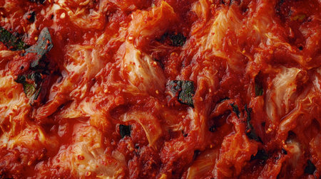 This close-up image showcases the vibrant texture of spicy fermented cabbage, highlighting its rich red color and unique flavors. Perfect for culinary projects.の素材