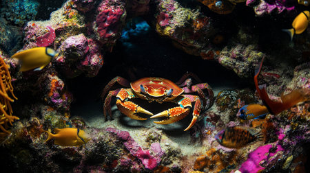 A vibrant crab rests among colorful coral formations, surrounded by various fish in a thriving underwater habitat. Perfect for nature lovers and marine enthusiasts.の素材