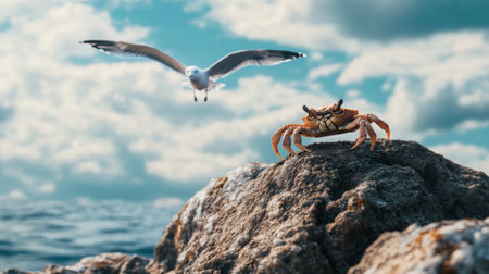 A crab perched on a rocky shore with a seagull soaring overhead under a cloudy sky. This peaceful coastal scene captures the essence of marine life and nature.の素材