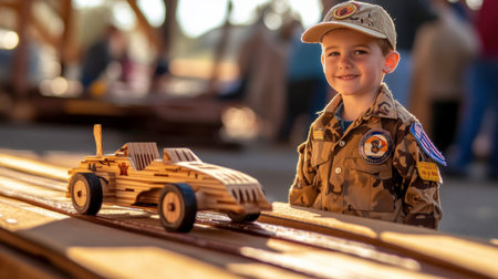 A cheerful young boy smiles beside a wooden toy car in an outdoor setting, capturing the essence of childhood joy, creativity, and playfulness in the sun.の素材