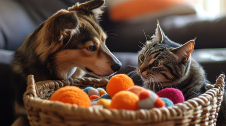 Adorable dog and cat enjoying each other's company while playing with colorful balls in a cozy basket. Perfect for pet lovers and animal companionship.の素材